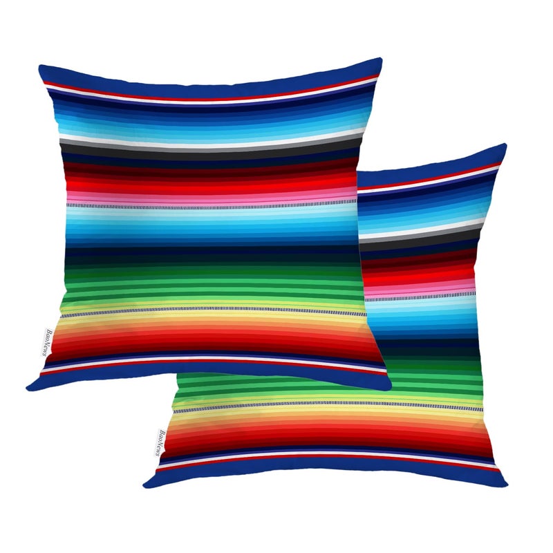 BaoNews Mexican Colorful Pillow Covers, Stripes Pattern Party Decor Ethnic Mexican Fabric Square 18 x 18 Inches Decorative Throw Pillow Covers Cotton Cushion for Sofa Bedroom Car, Yellow, Set of 2 - Image 1
